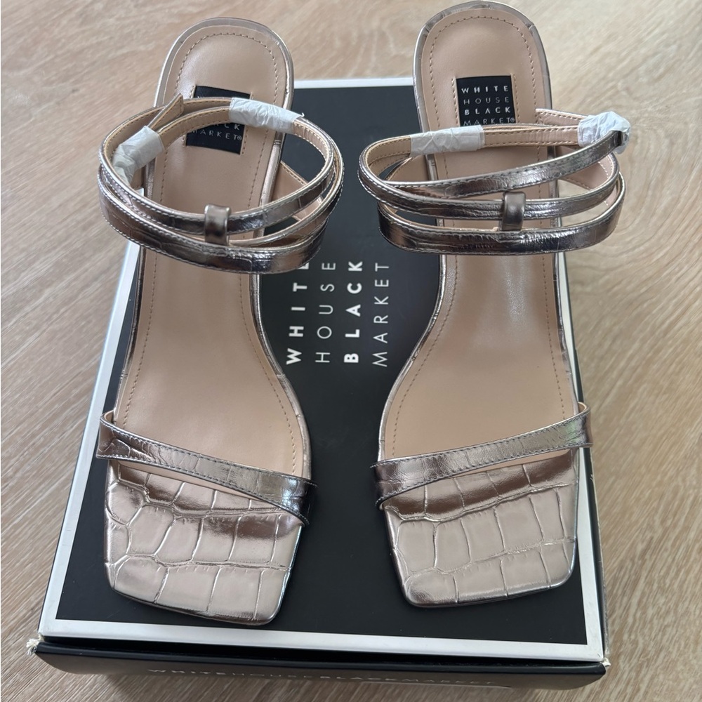 NWT White House Black Market Metallic Gold Croc-Embossed Strappy Sandals